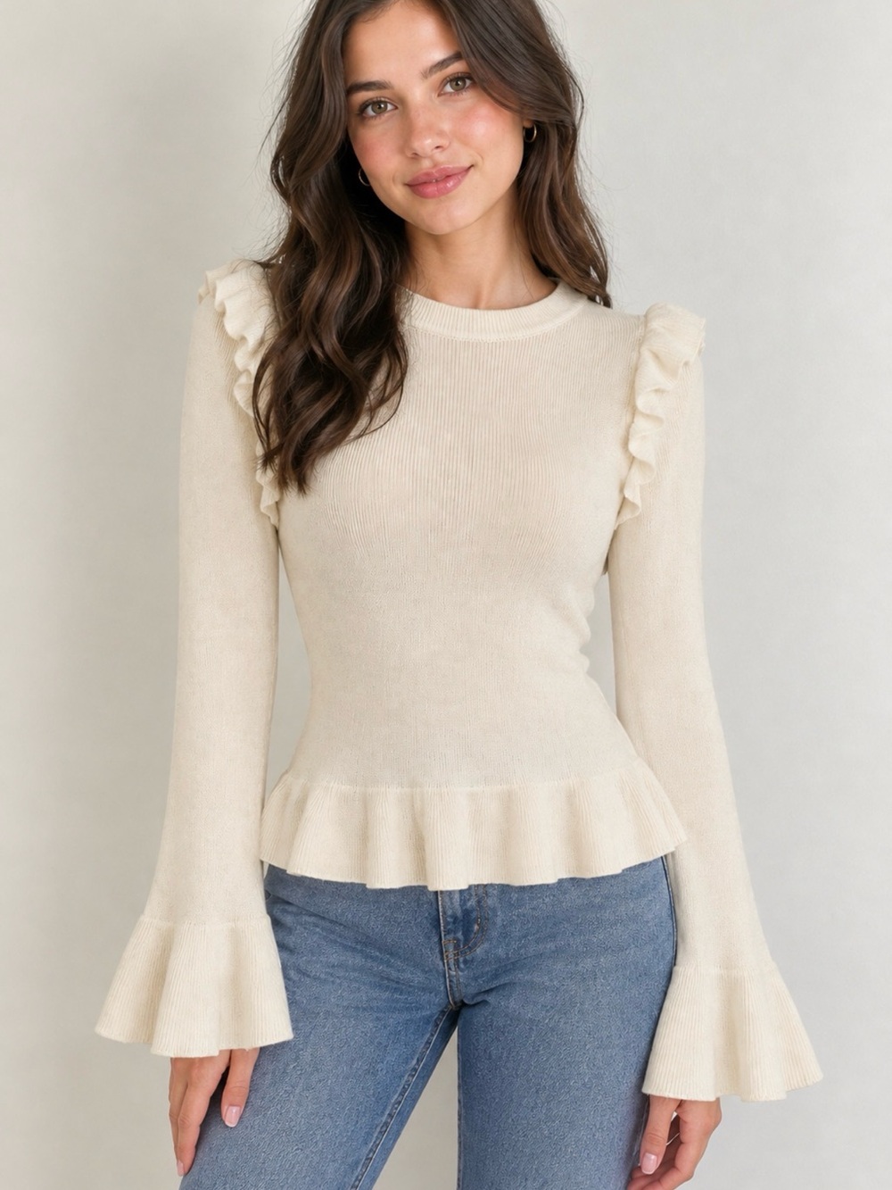 Women's White Ruffle Hem & Sleeve Knit Top